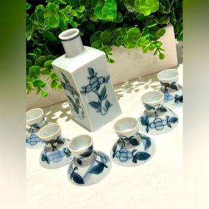 Vintage Sake Set Fine China OMC Japan Decanter and 6 Cups  Blue Flowers Floral